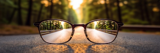 Photo road leading towards a bright light source seen through a pair of glasses generative ai