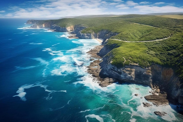 A road leads to a cliff overlooking the ocean.