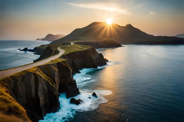 A road leads to a cliff with a road leading to the ocean