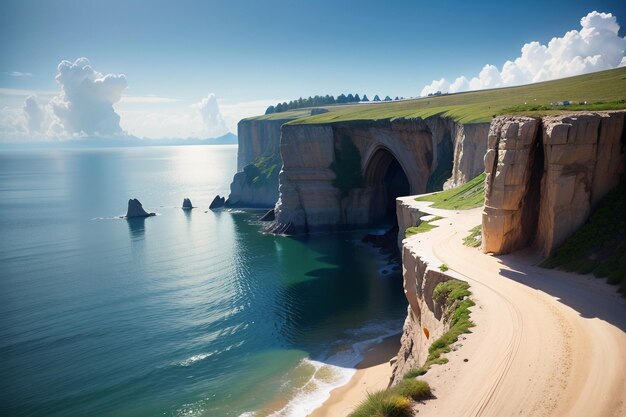 A road leads to a cliff with a sea view and a lighthouse on the left side.