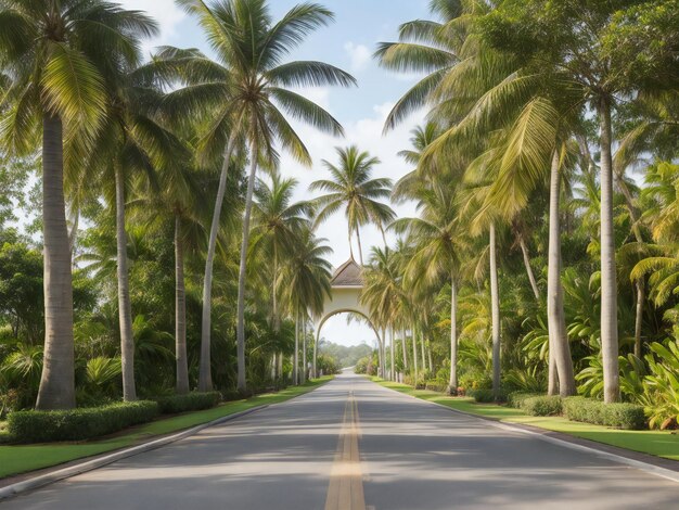 a road lined with palm trees and bushes