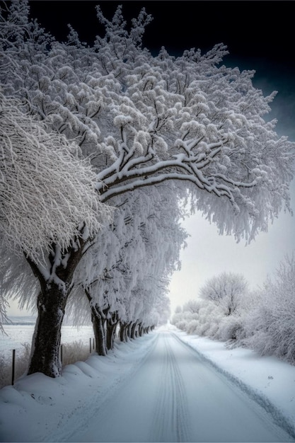 Road lined with trees covered in snow generative ai