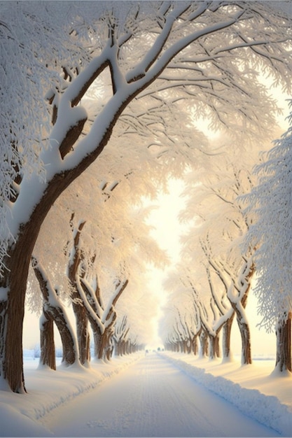 Road lined with trees covered in snow generative ai