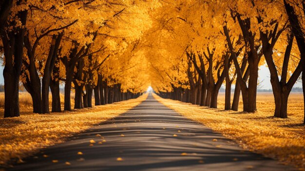 가을 계절 에 나무 들 의 노란색 잎 이 줄지어 있는 도로