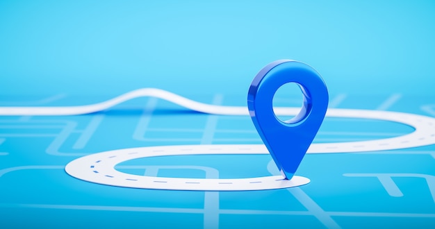 Road map of blue location pin icon symbol or gps travel route\
navigation marker and transportation place pointer direction street\
sign on city background with transport destination way. 3d\
render.