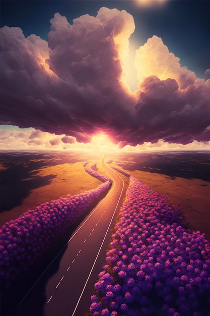 Road in the middle of a field of purple flowers generative ai