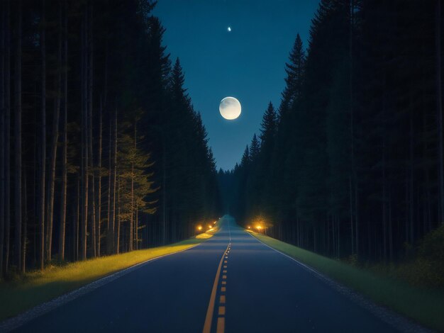 A road in the middle of a field with trees and a moon ai generated