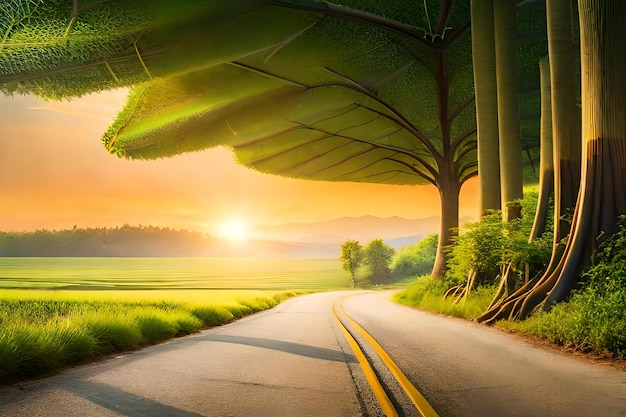 road in the middle of a field with trees and a sunset.