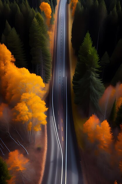 Road in the middle of the forest view from above