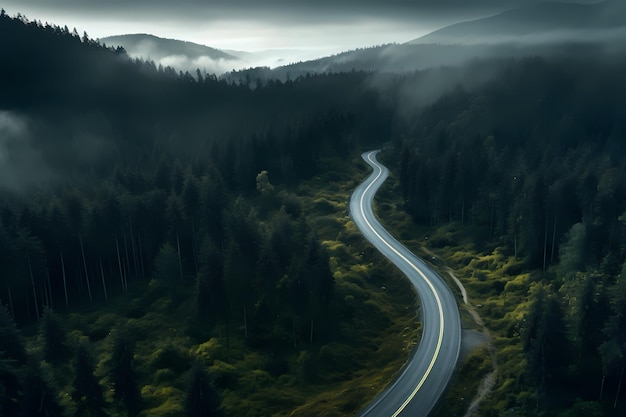 Road in the middle of the forest view from above