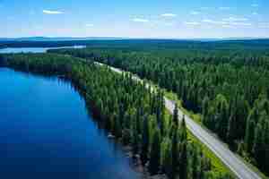 Photo a road in the middle of a forest with a road and a lake