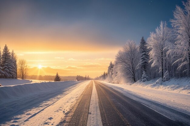 눈이 내리는 숲과 소나무 숲의 한가운데의 도로 자유로운 길에 명확한 도로