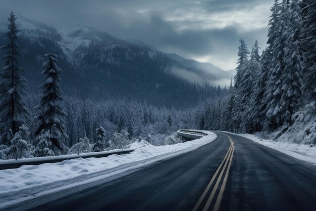 a road in the middle of a snowy forest