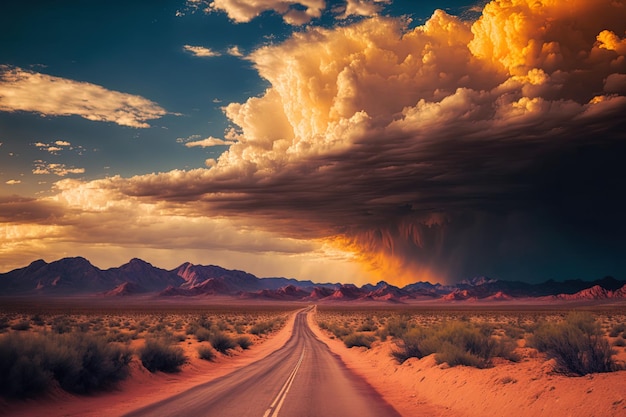 A road in the midst of a dry desert with magnificent clouds in the sky