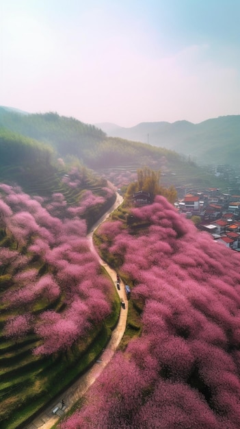 The road to the mountains is covered in pink flowers.