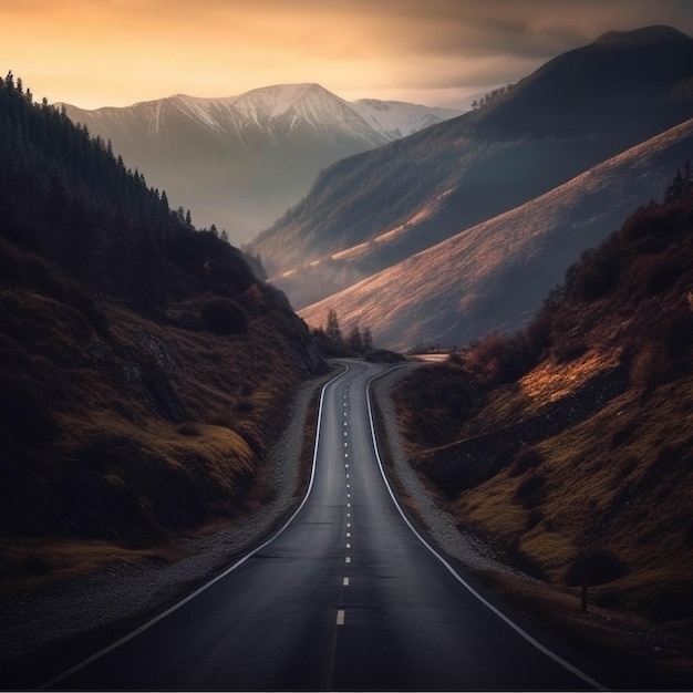 Road in the mountains at sunset