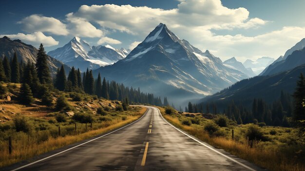 Foto la strada tra le montagne e gli alberi