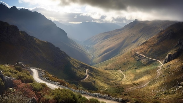 A road in the mountains with a cloudy sky