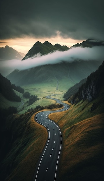 A road in the mountains with a cloudy sky