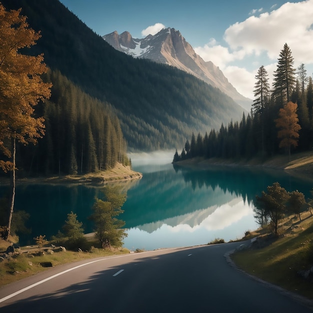A road in the mountains with a lake and trees