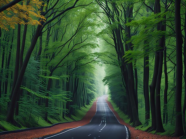 A road in the mountains with a mountain in the green grass in the forest