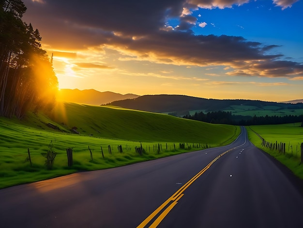 A road in the mountains with a mountain in the green grass in the Forest