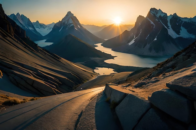 A road in the mountains with the sun setting behind it