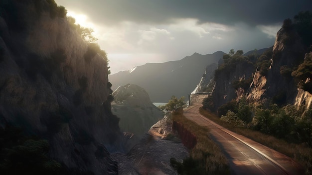 A road in the mountains with the sun shining on it