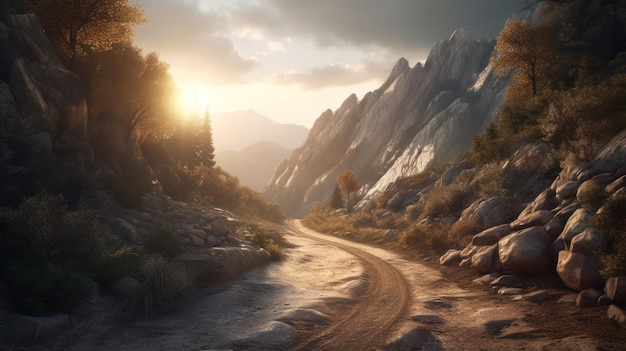 A road in the mountains with the sun shining on it
