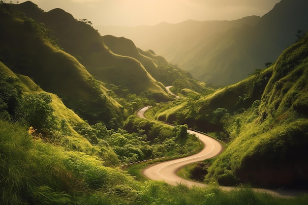 A road in the mountains with the sun shining on it