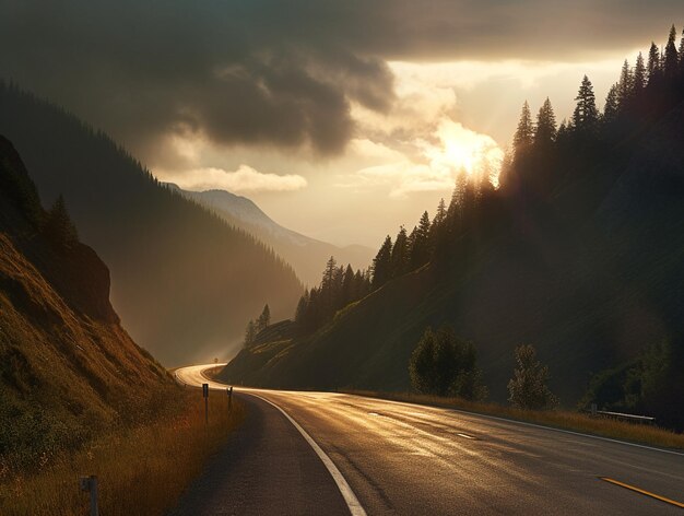 雲間から太陽が射す山の中の道