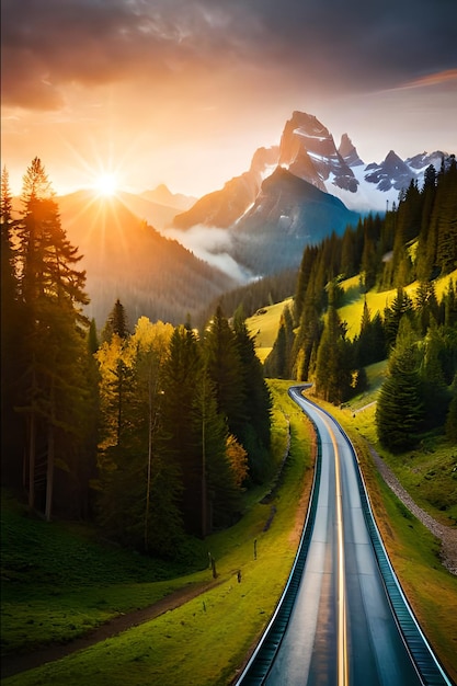 A road in the mountains with a sunset in the background