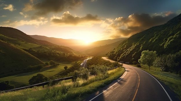 A road in the mountains with a sunset in the background