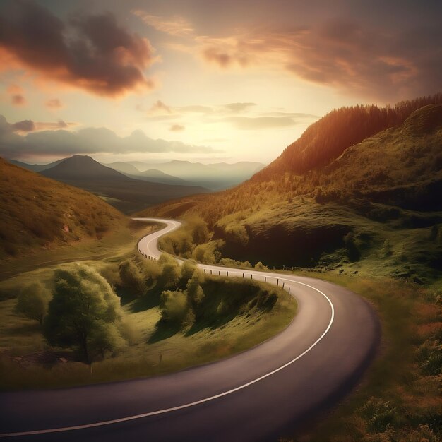 A road in the mountains with a sunset behind it