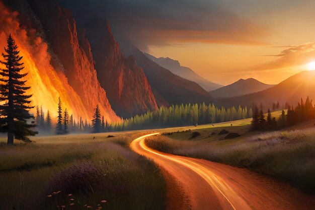 A road in the mountains with a sunset