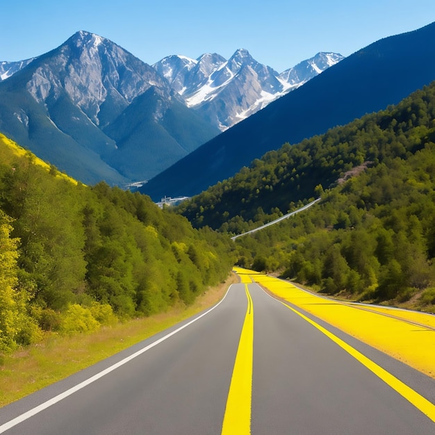 Photo a road in the mountains with a yellow line in the foreground