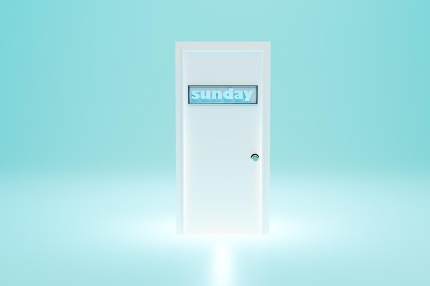 The road to a new day a door with the inscription Sunday on a turquoise background with neon