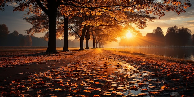 Foto una strada nel parco al tramonto