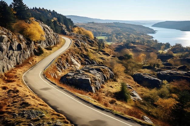 The road passes through rocky hills a river flows in the distance Autumn landscape Horizontal photo