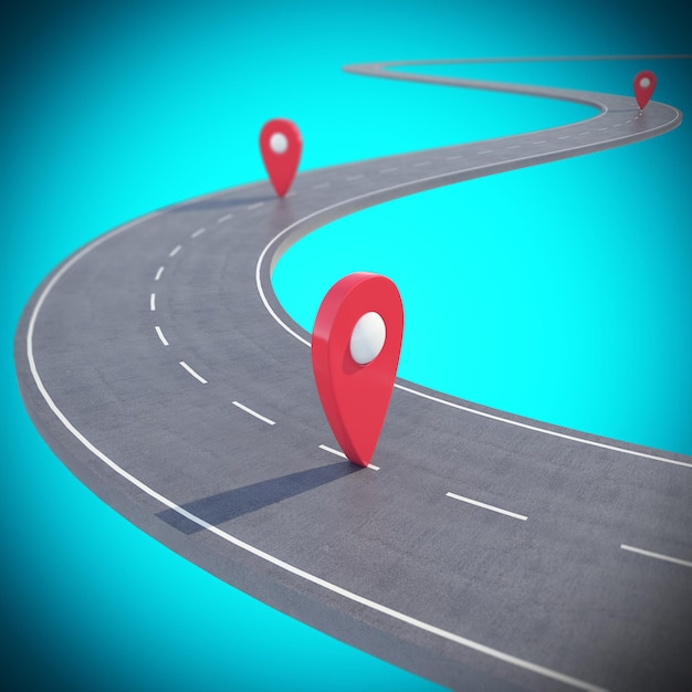 Road path going forward on blue background with pin pointer 3d illustration