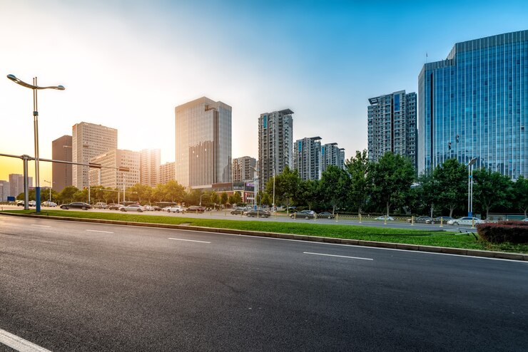 Photo road pavement and modern building in jinan financial district