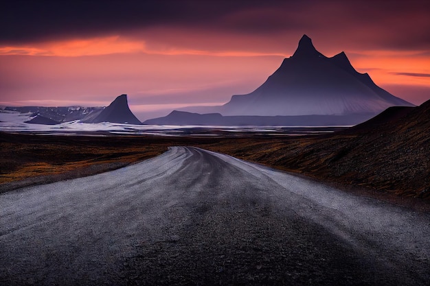 Road and pink sunset on expanses of iceland beach