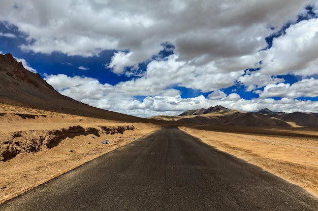 Road on plains in Himalayas with mountains