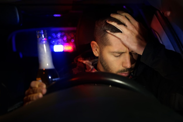 Photo road police with flashing lights stopped drunk driver driver under alcohol influence