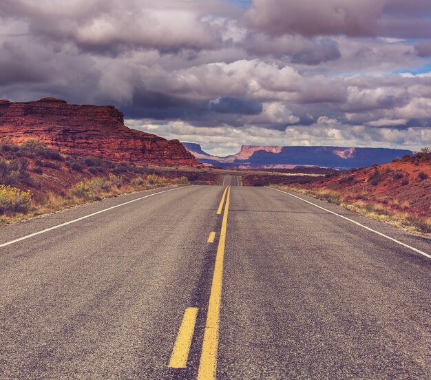 Road in the prairie country. Deserted natural travel background.