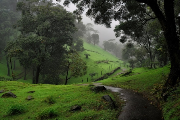 A road in the rain with trees and grass