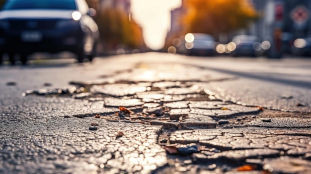 Road repair concept Damaged pavement on the pedestrian sidewalk Highway and cars