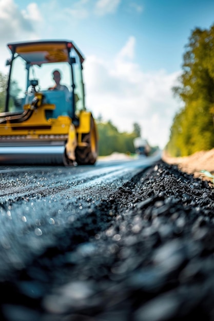 Photo road roller paving bright day