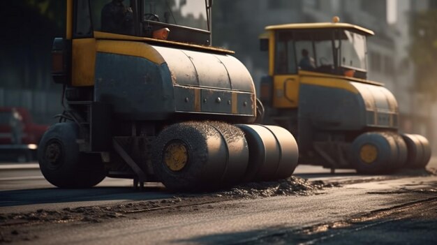 Road roller working on road construction site Generative Ai