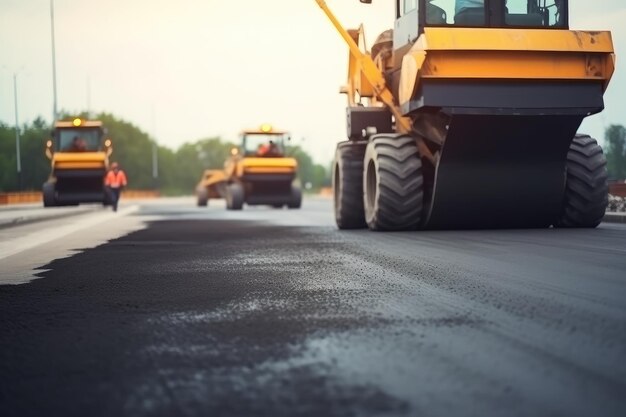 Photo a road roller works on the road ai generated